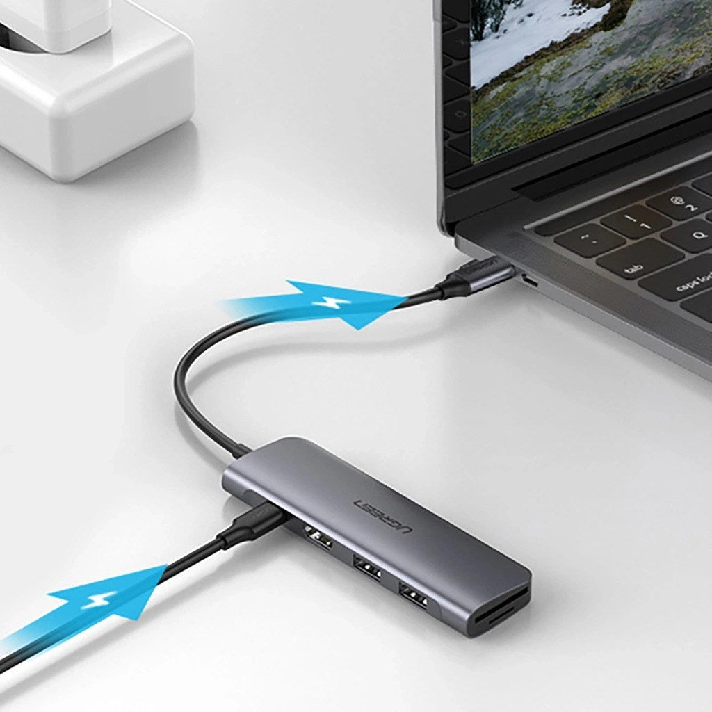 Ugreen CM195 6-in-1 USB-C adapter – HDMI / 2× USB-A 3.0 / USB-C PD / SD / TF card reader – grey
