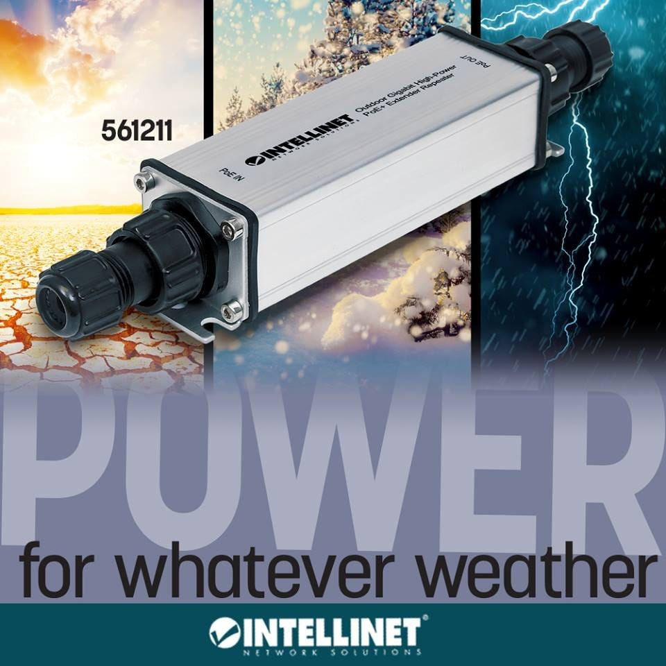 Intellinet Outdoor Gigabit High-Power PoE+ Extender Repeater 10Base-T 100Base-TX 1000Base-T RJ-45