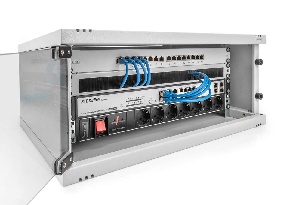 DIGITUS Wall-Mounted Network Cabinet - 19'', 4U, 241x540x400mm, Grey, Glass Door