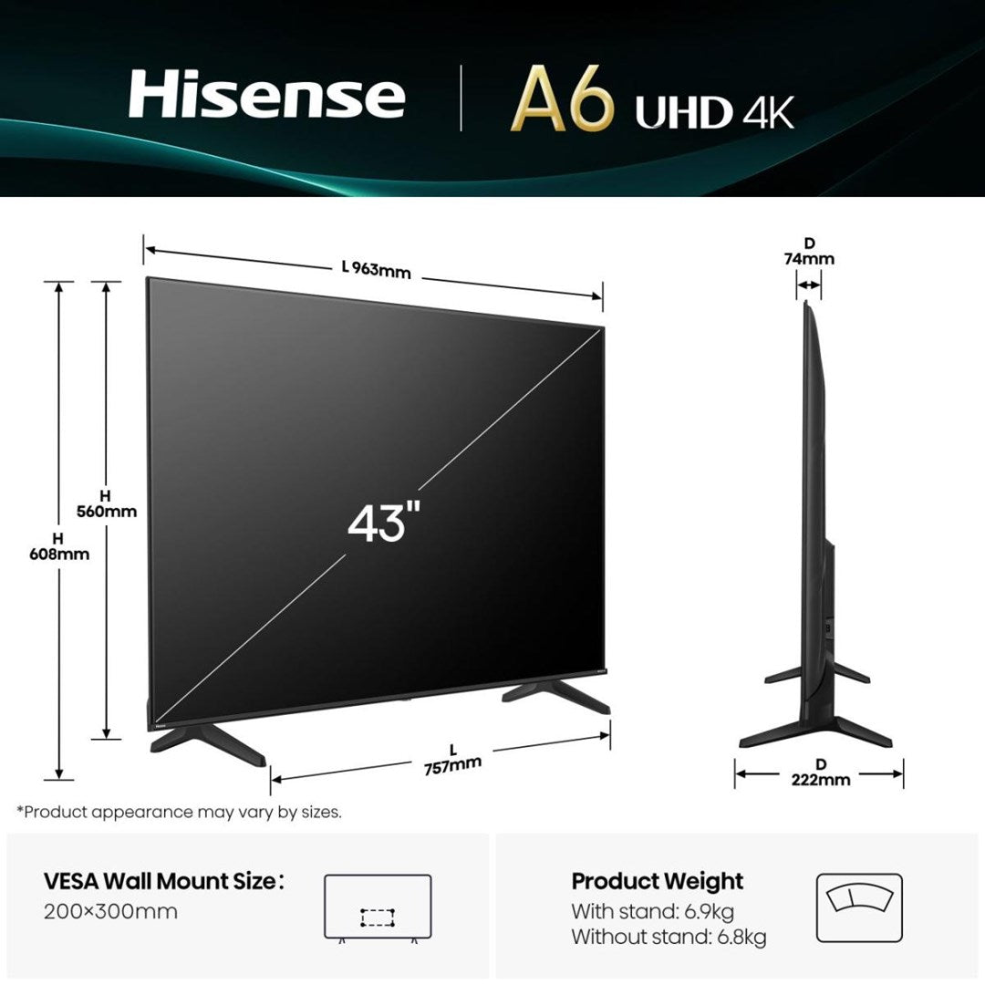 Hisense 43A6Q - 43" LED TV - 4K UHD 3840x2160 - HDR10+ - Smart TV - 3xHDMI 2.1 - WiFi