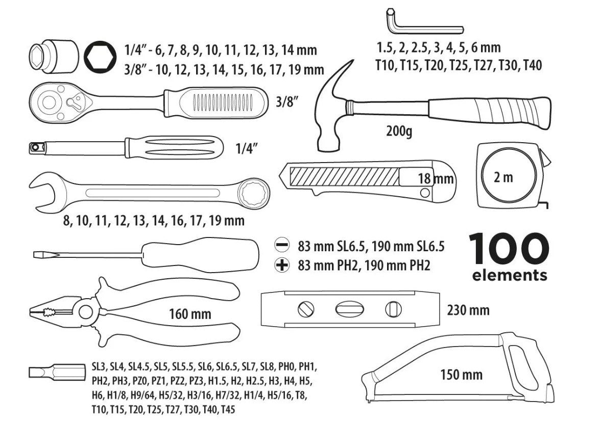 TOP TOOLS Tool Set 100 Pieces 1/4" and 3/8" 4170 g 390 mm x 295 mm x 82 mm Model 38D535