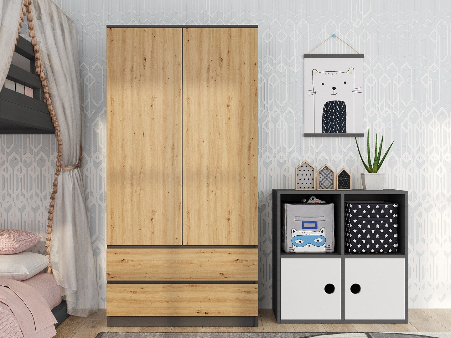 Topeshop SZAFA MALWA AN/AR K Wardrobe 2 Doors 5 Shelves Anthracite/Artisan Oak SS-90