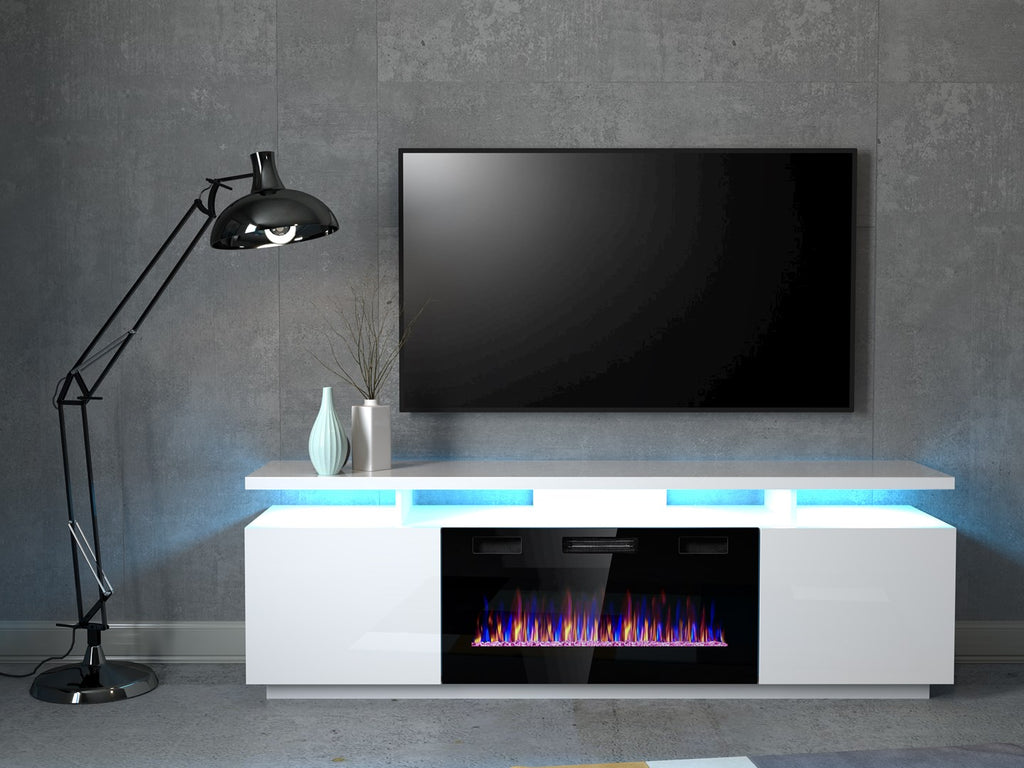 Cama MEBLE TV Cabinet EVA 1800 mm with Electric Fireplace, Glossy White, Self-Assembly