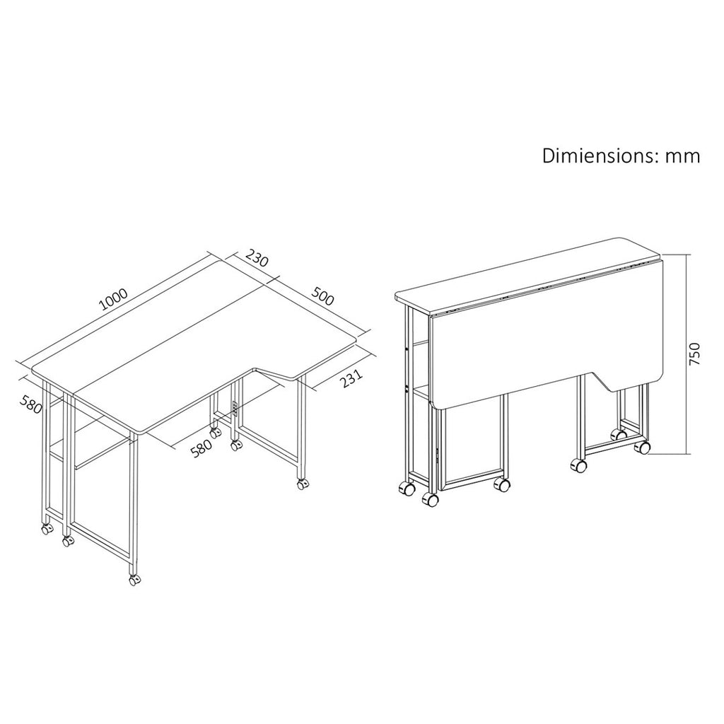 Maclean Folding Desk/Table MC-126 L/W, 100x73 cm, Max Load 50 kg, Lockable Wheels, White