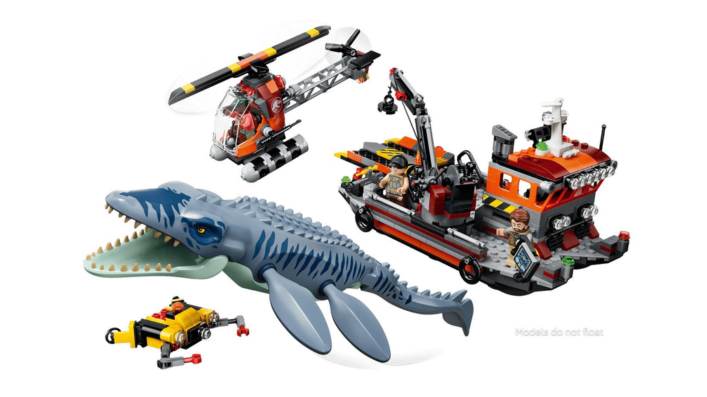 LEGO JURASSIC WORLD Mosasaurus Dinosaur Boat Attack Set, 703 Elements, 3 Minifigures, Model 77983