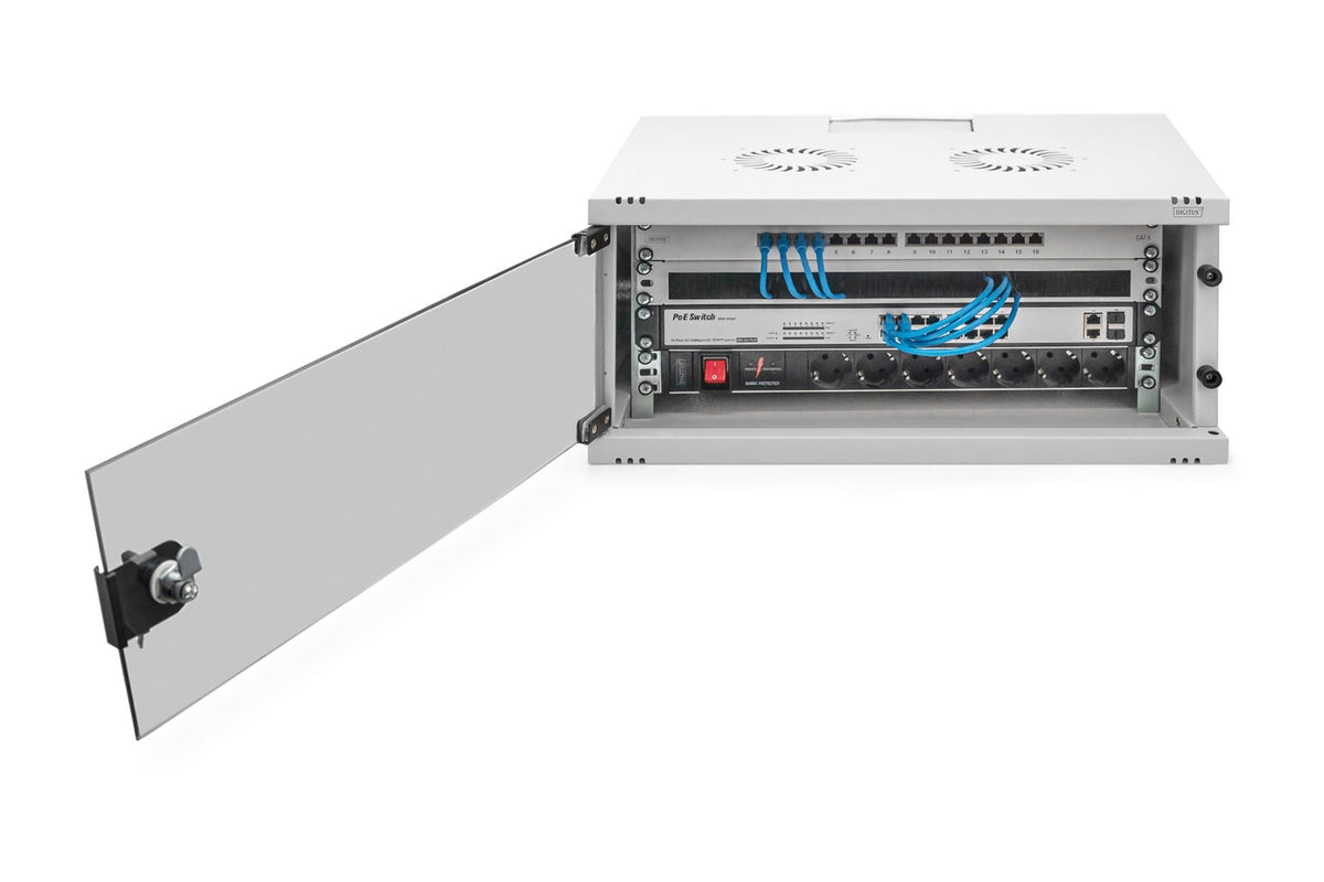 DIGITUS Wall-Mounted Network Cabinet - 19'', 4U, 241x540x400mm, Grey, Glass Door