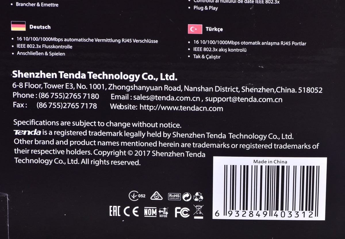 Tenda 16-port Gigabit Ethernet Switch Unmanaged Blue