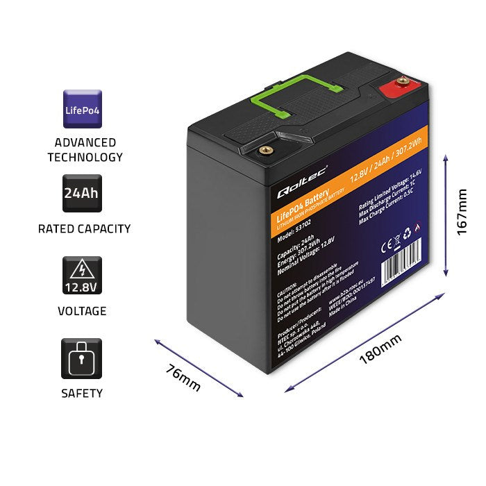 Qoltec LiFePO4 Lithium Battery 12.8V 24Ah BMS 307.2Wh
