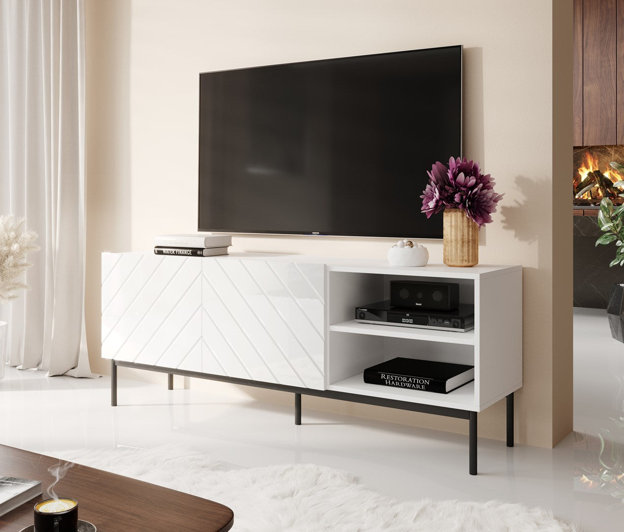 ABETO RTV Cabinet Black Steel Frame 150x42x60 cm White/Gloss White