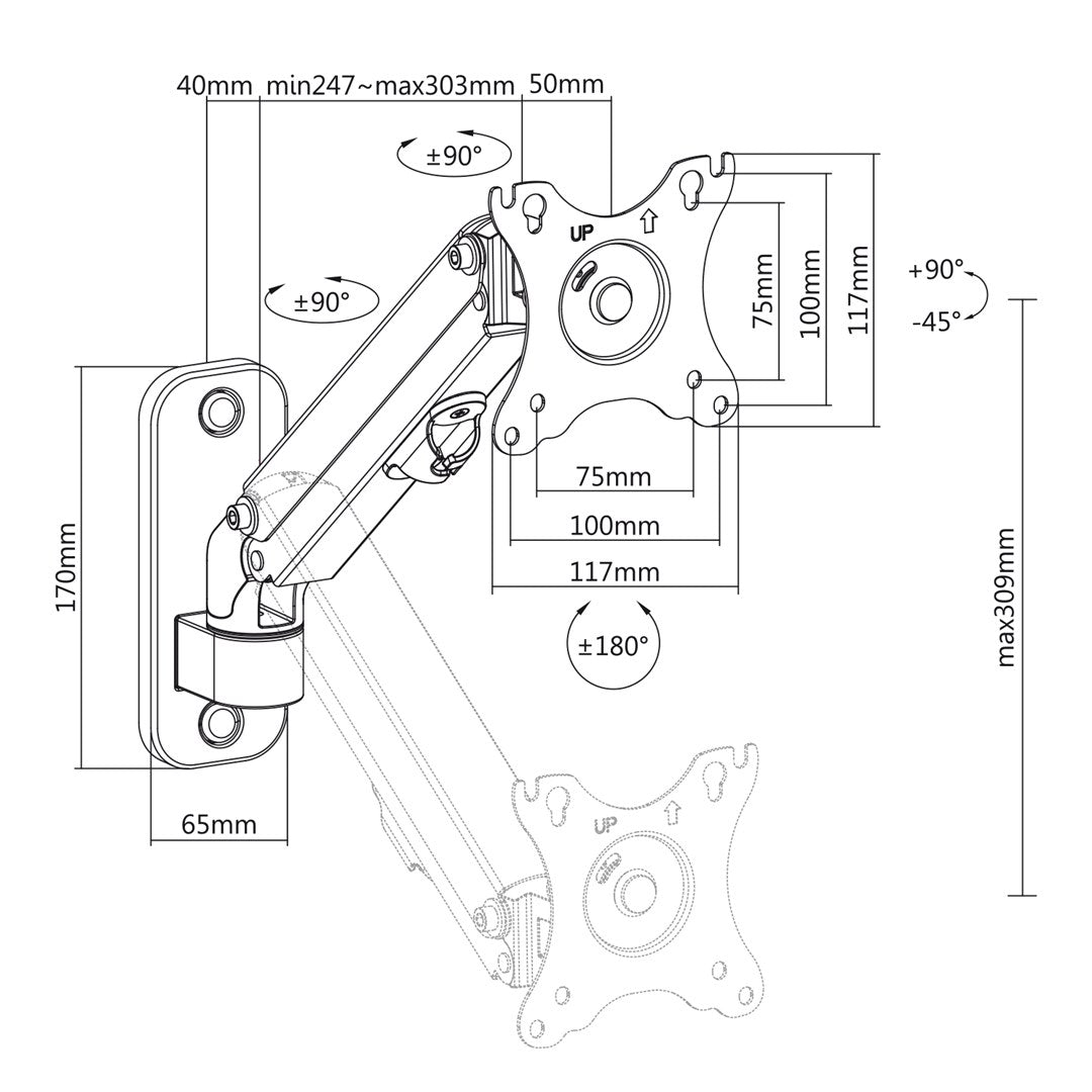 Maclean Monitor Wall Mount 17-27'' Max 7 kg Gas Spring MC-458