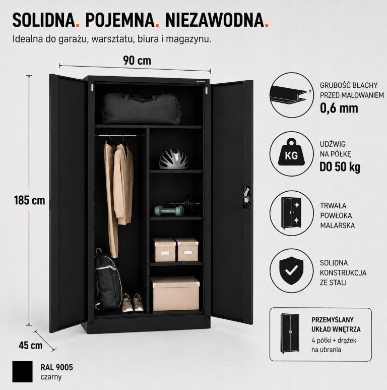 Iron Mate Wardrobe Saturn_9005 - Metal, 1850 mm Height, 900 mm Width, 450 mm Depth, Black