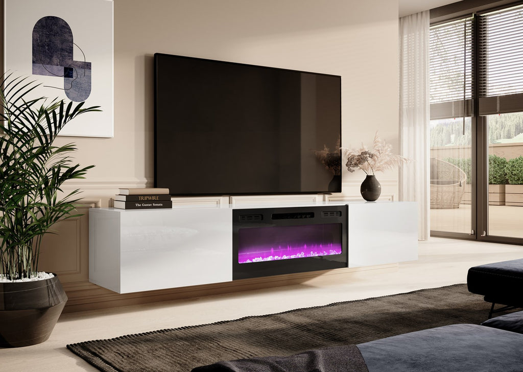 Cama MEBLE TV Cabinet with Electric Fireplace, Gloss White Finish, 2000x400x875 mm, Model SLIDE 200K+K BI