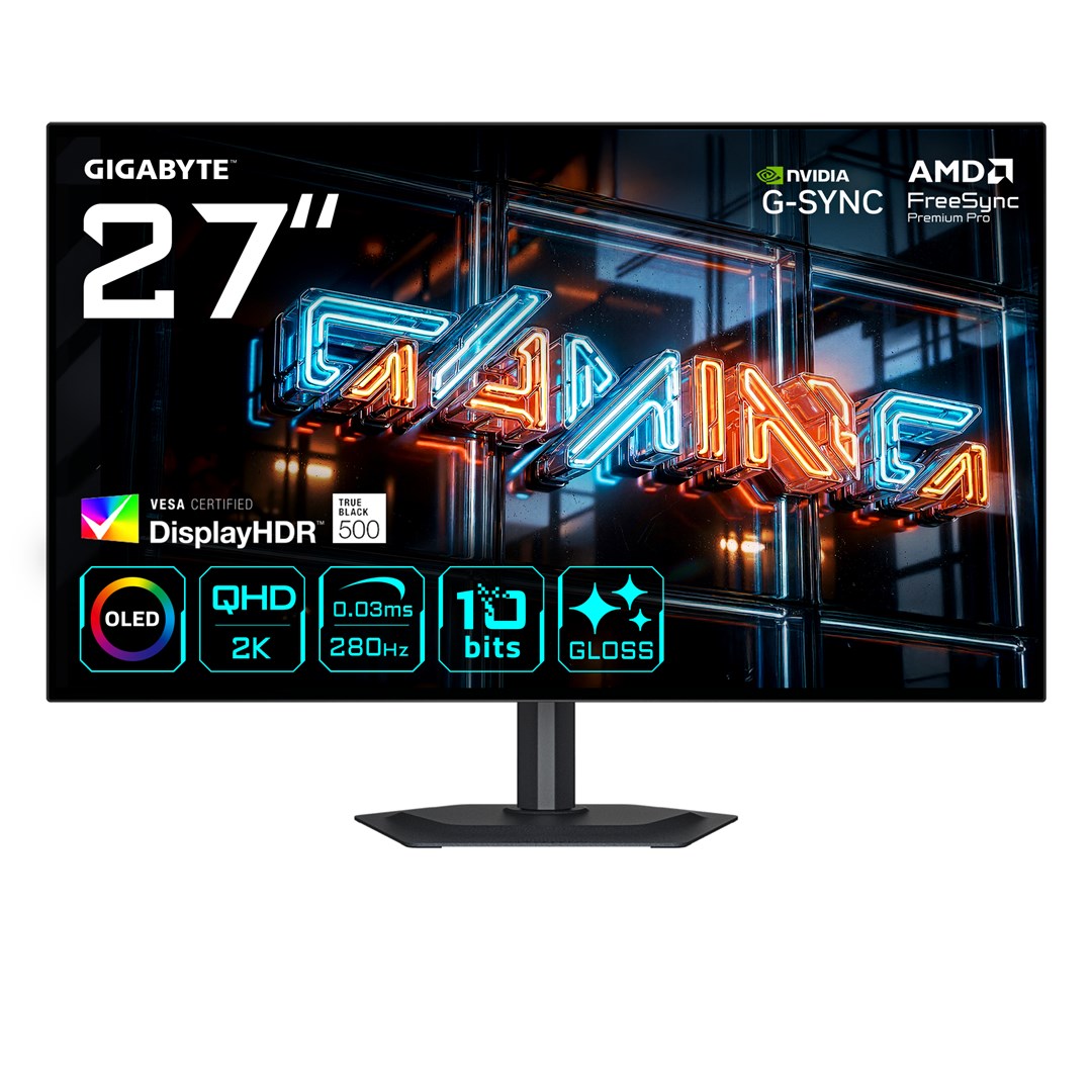 GIGABYTE MO27Q28GR 27” Glossy WOLED QHD Gaming Monitor - 2560 x 1440  280Hz  0.03ms  335 cd/m2  Display HDR True Black 500  HDMI 2.1  Displayport 1.4