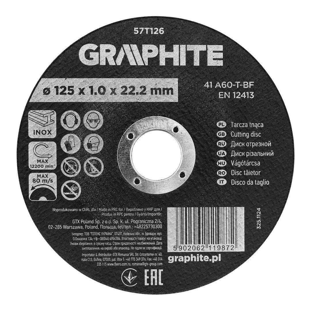 GRAPHITE Corundum Cutting Disc 125 x 1.0 x 22.2 mm for Metal/INOX 57T126