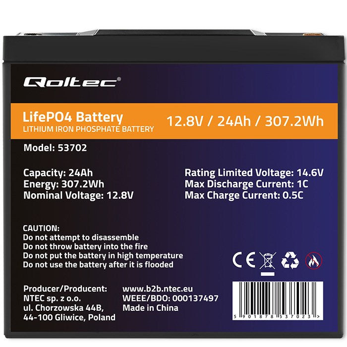 Qoltec LiFePO4 Lithium Battery 12.8V 24Ah BMS 307.2Wh