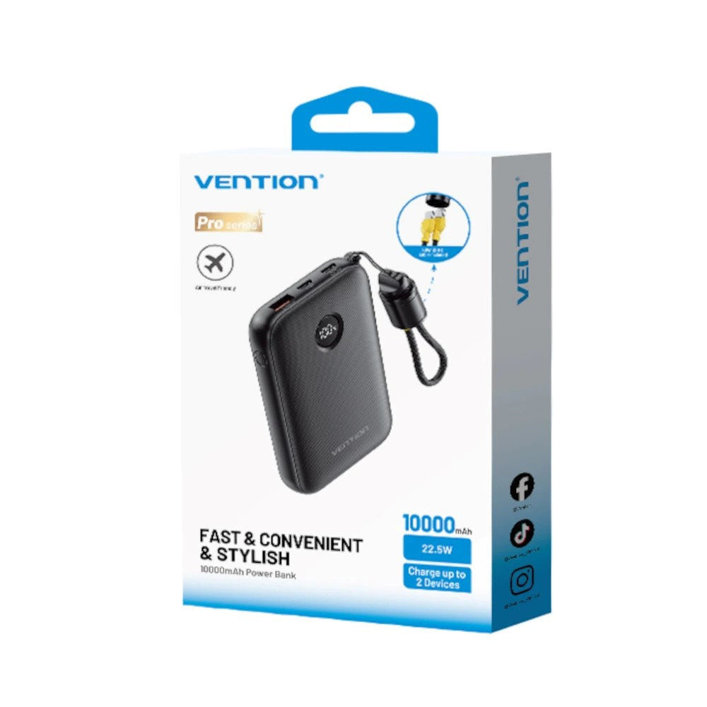 Vention 10000mAh Power Bank - 2 x USB-C 1 x USB-A 22.5W Display Black