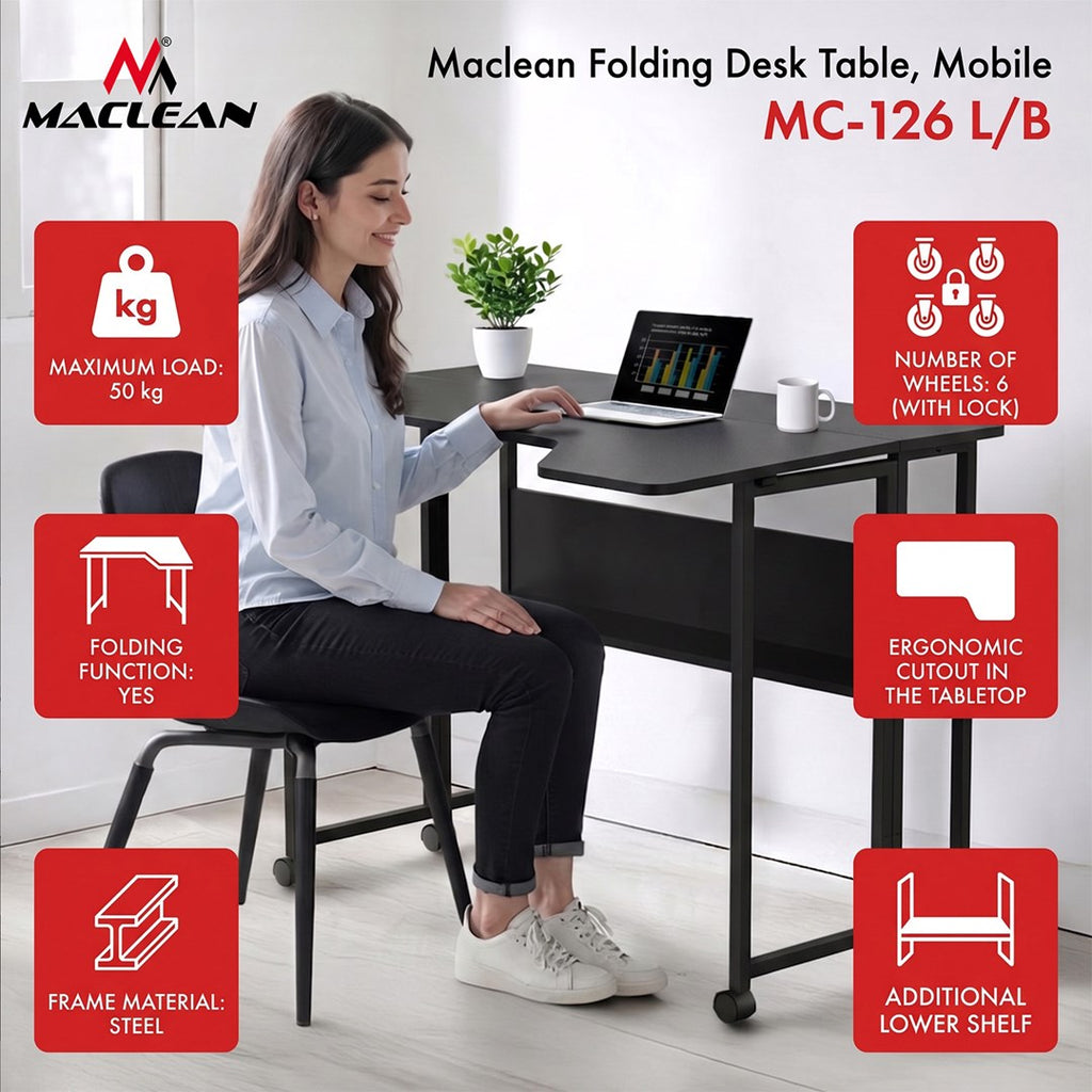 Maclean Folding Desk/Table MC-126 L/B, 100x73 cm, Max Load 50 kg, Lockable Wheels, Black