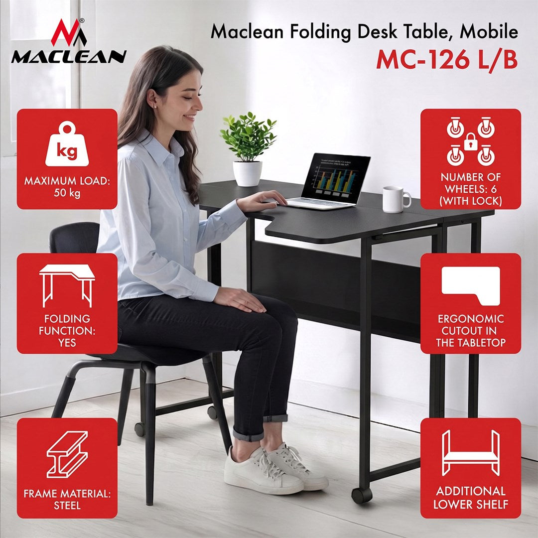 Maclean Folding Desk/Table MC-126 L/B, 100x73 cm, Max Load 50 kg, Lockable Wheels, Black