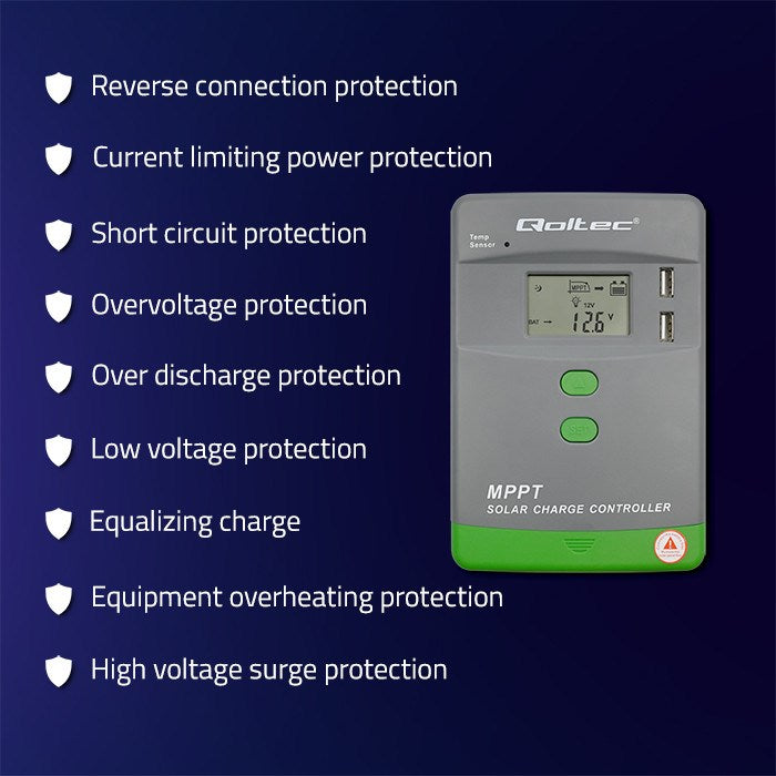 Qoltec Solar MPPT Charge Controller 20A 12V/24V LCD 2 x USB
