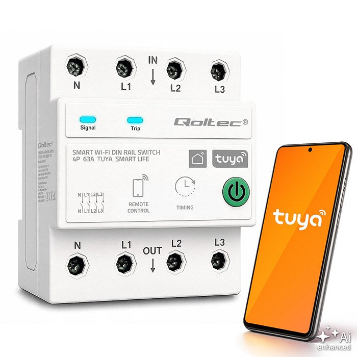 Qoltec 3-Phase Relay 63A DIN Rail 3P+N Timer Wi-Fi Tuya Smart Life Amazon Alexa Model 50976