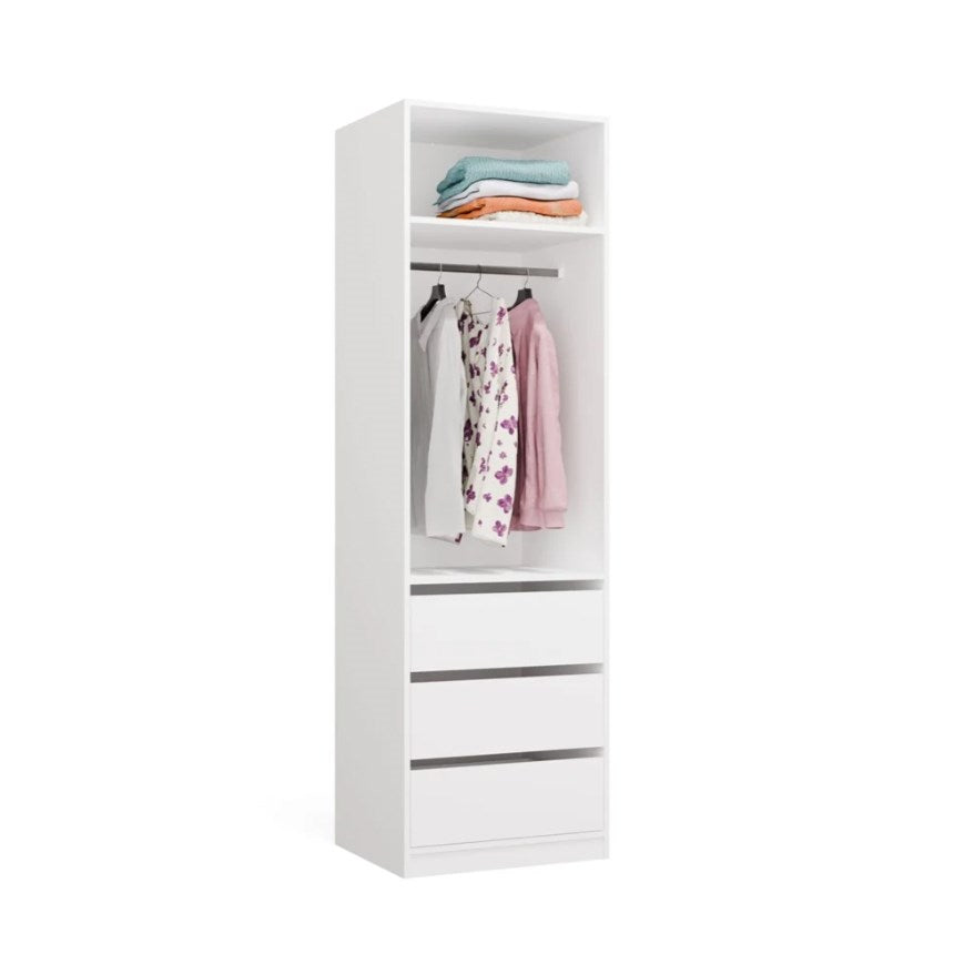 OPENO 1W1P3S WHITE Wardrobe – Modular Wardrobe with Clothes Rail and 3 Drawers