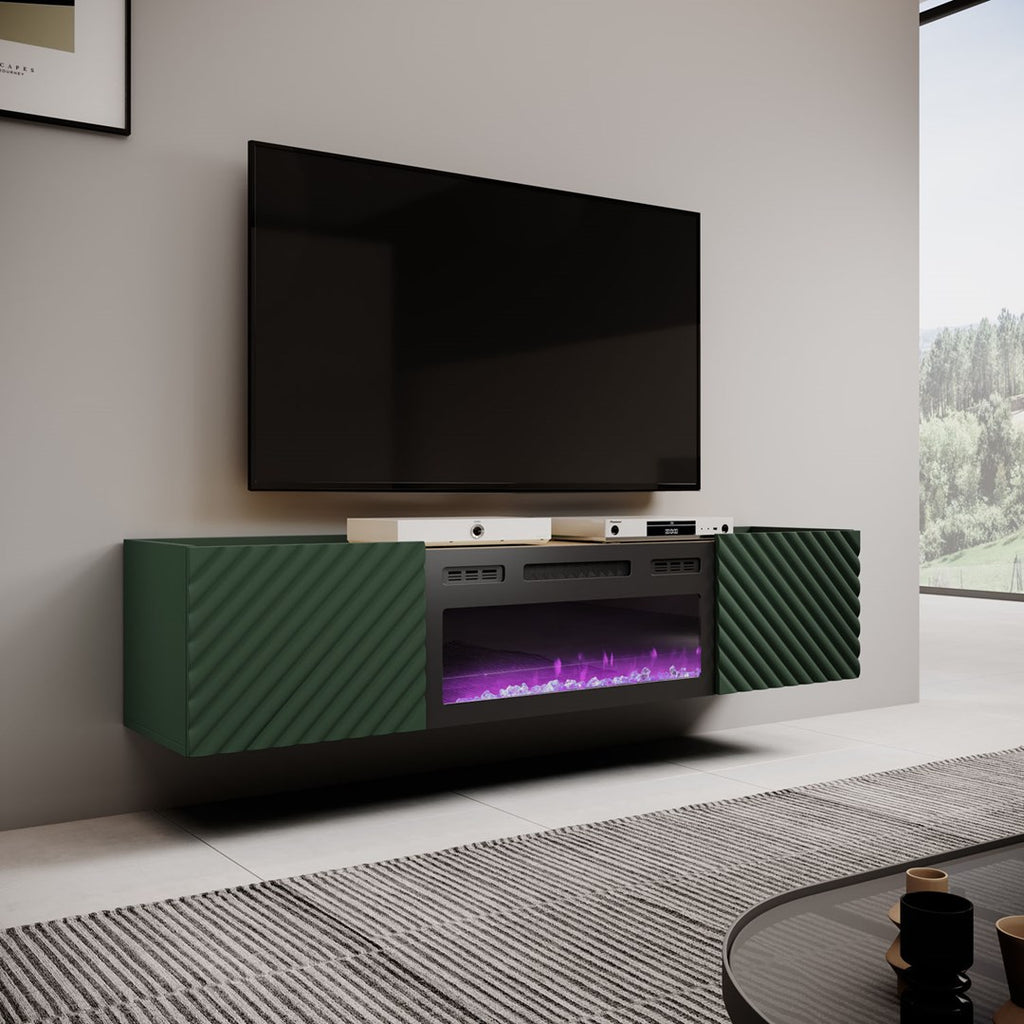 Cama MEBLE TV Cabinet with Electric Fireplace, 1805 mm Width, Green and Black Finish, Model ONDA 301442+