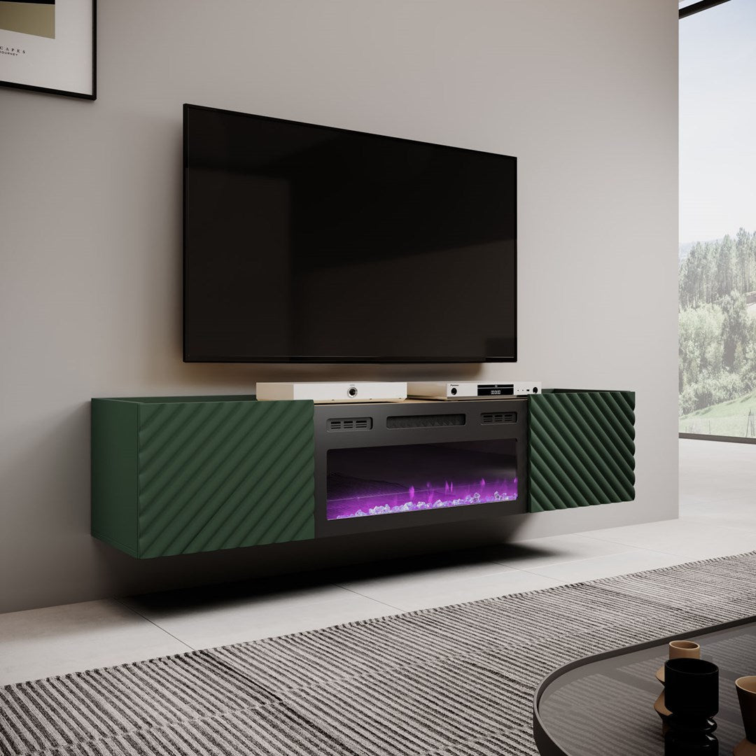 Cama MEBLE TV Cabinet with Electric Fireplace, 1805 mm Width, Green and Black Finish, Model ONDA 301442+