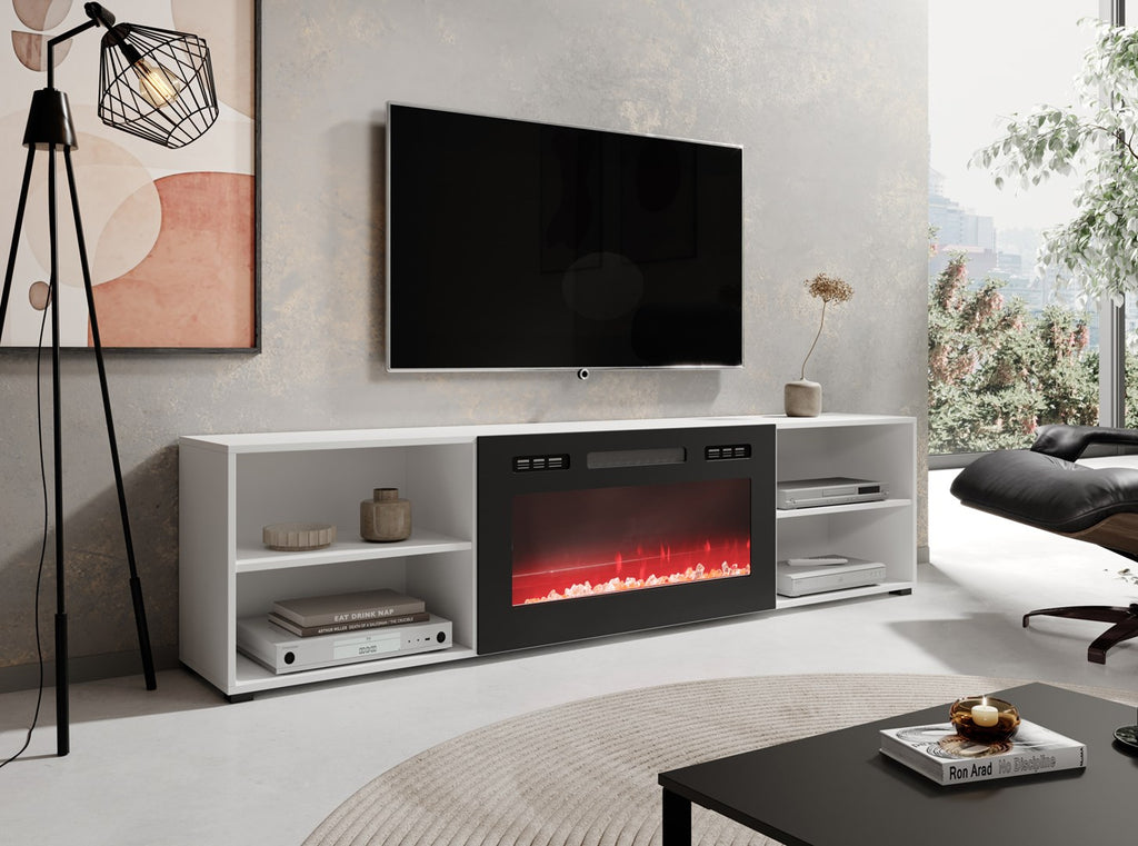 RTV Cabinet POLO 200x33x50.5 White + Black Fireplace