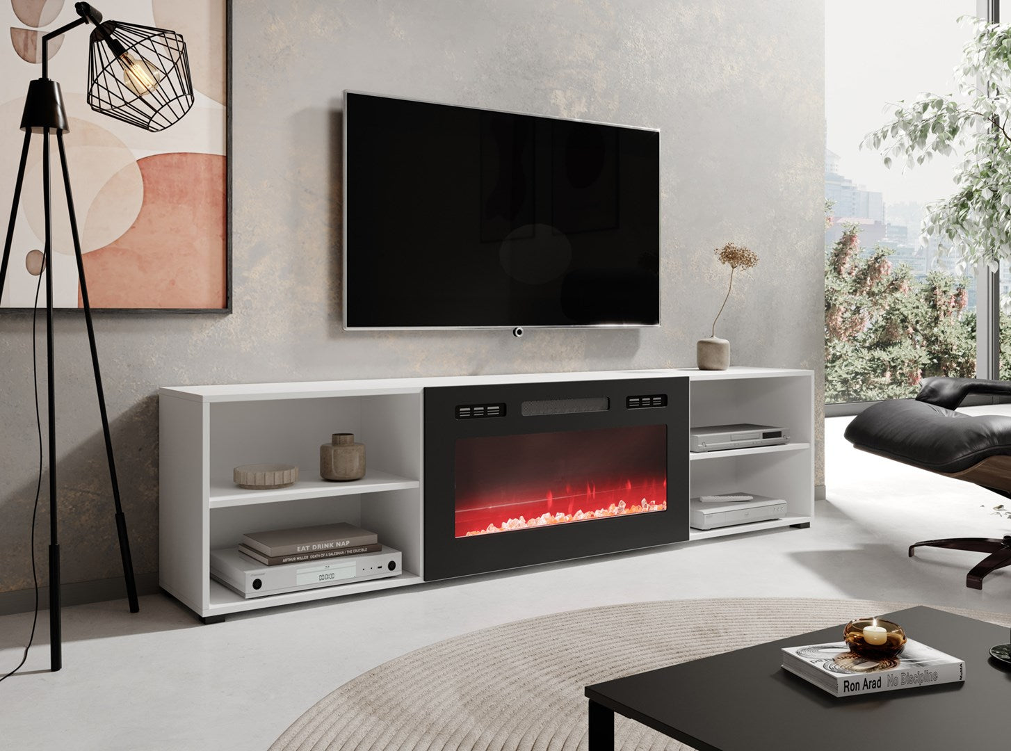 RTV Cabinet POLO 200x33x50.5 White + Black Fireplace