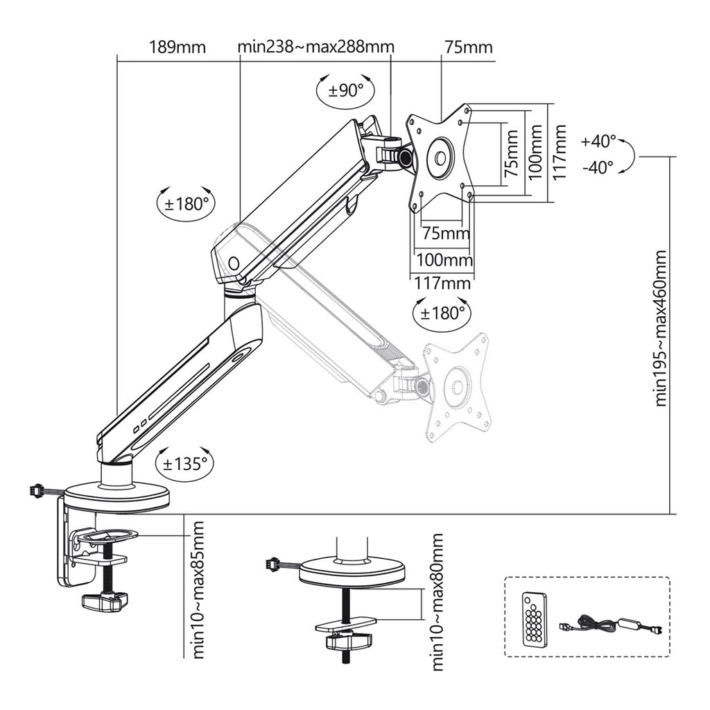 NanoRS Gaming Monitor Mount 17-32 with RGB LED Lighting Desk Mount Height Adjustable Swivel Tilt Max. 9 kg VESA 75x75/ 100x100