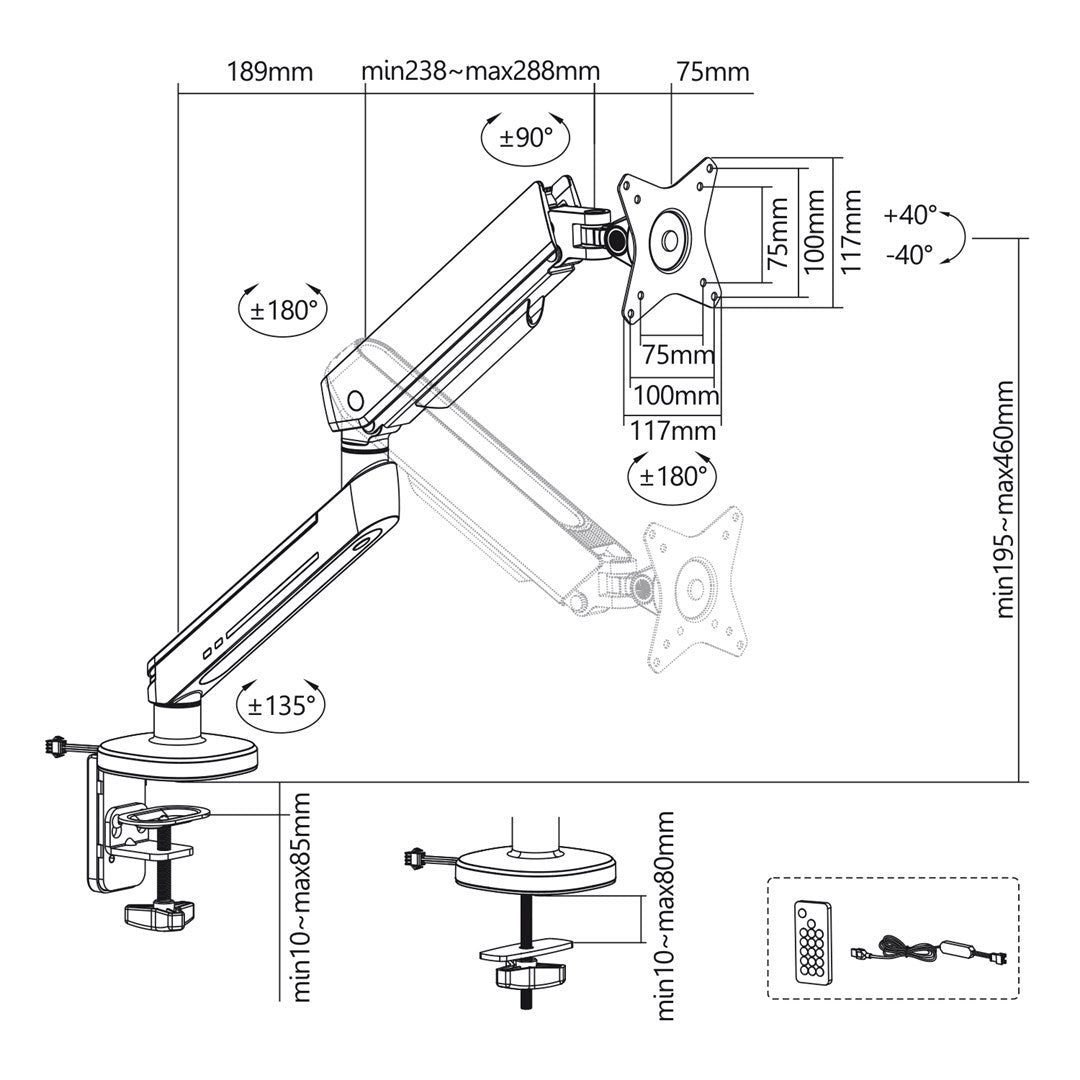 NanoRS Gaming Monitor Mount 17-32 with RGB LED Lighting Desk Mount Height Adjustable Swivel Tilt Max. 9 kg VESA 75x75/ 100x100