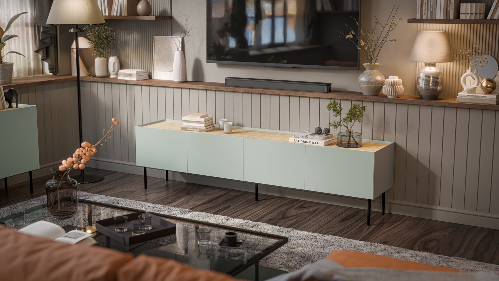 Cama FELLINI TV Cabinet 200x40x52 Olive + Oiled Oak Top