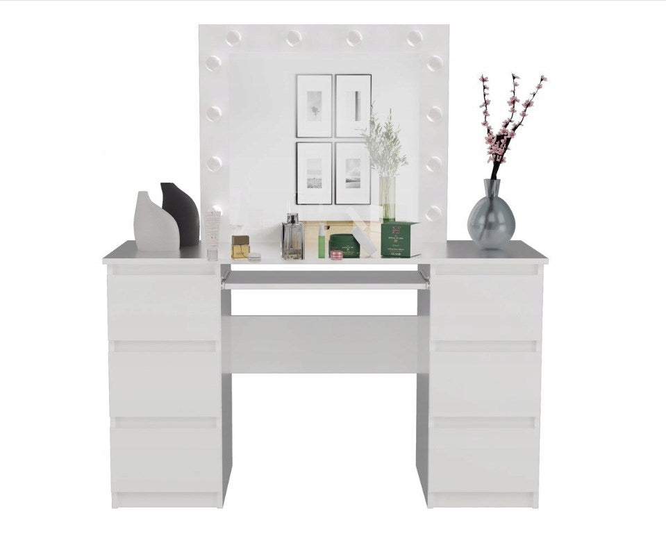 KUBA Desk Set White Matt + MARINA Mirror, Elegant Dressing Table with LED Lighting