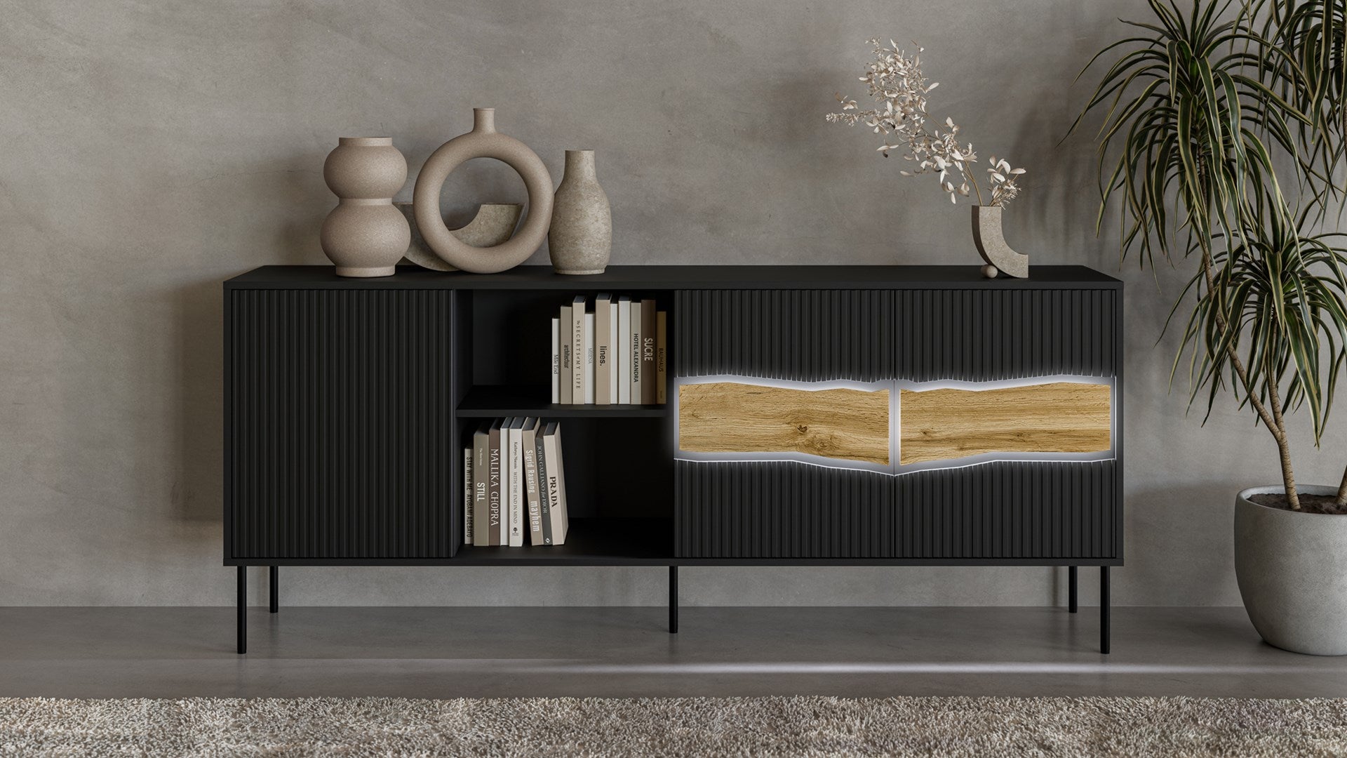 Cama INSERTO 3D1W Chest of Drawers 190 x 40 x 80 cm Black + LED 190x40x80