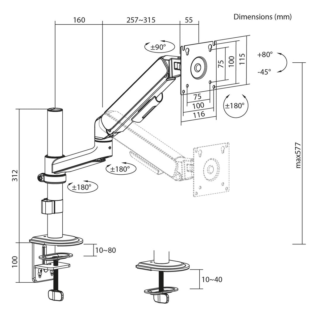 ergo office Monitor Mount ER-691 B - Gas Spring, 17"-32" Screens, Max 10 kg
