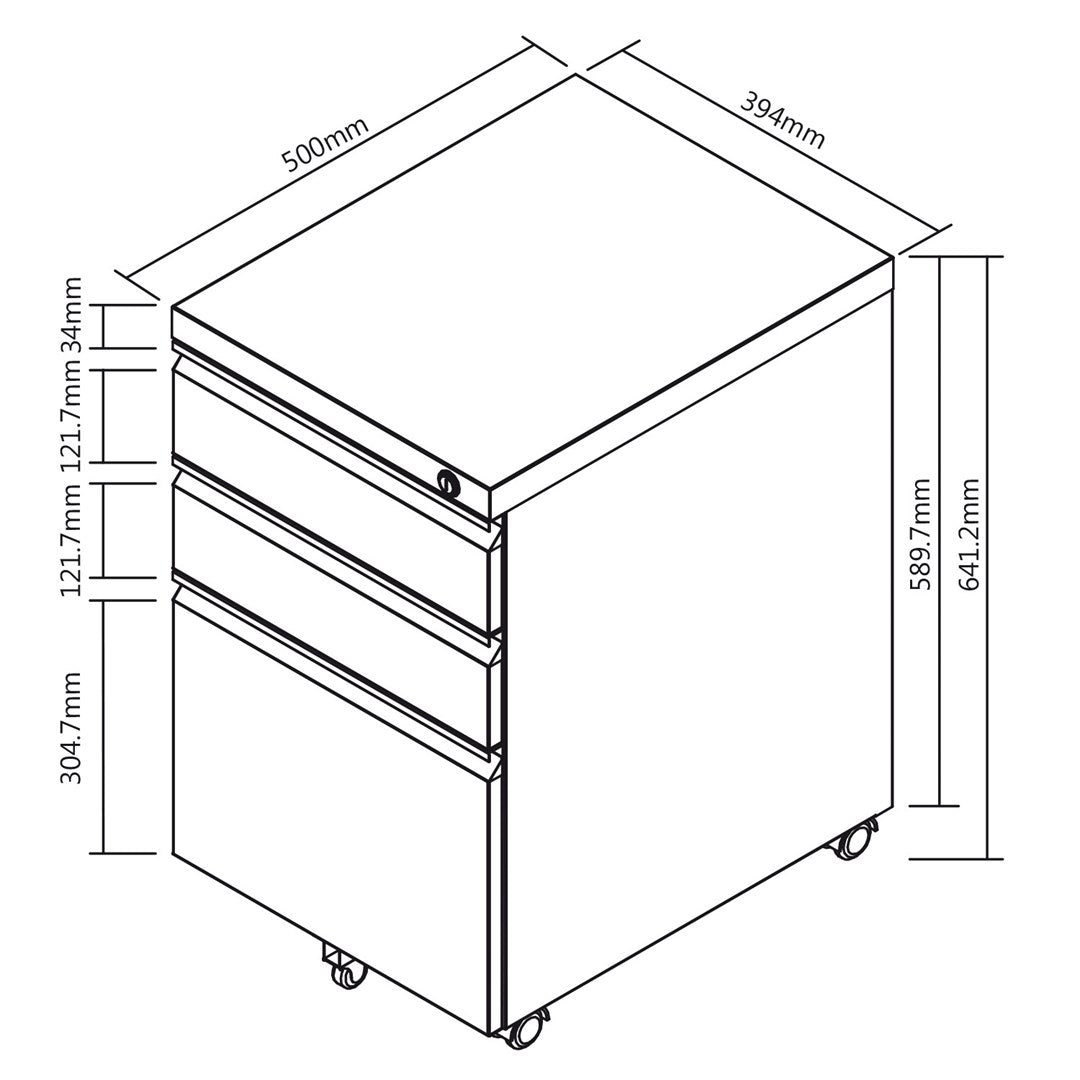 Maclean Under-desk Cabinet Metal Container with Lock, 3 Drawers, Black, MC-850