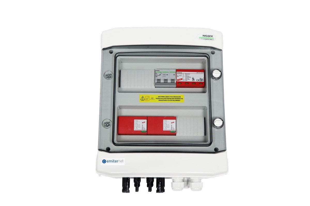Switchgear attached DCAC hermetic IP65 EMITTER with DC surge arrester Dehn 1000V type 1+2  2 x PV string  2 x MPPT // og. AC Dehn type 1+2  20A 3-F