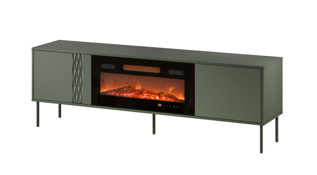 Cama MEBLE TV Cabinet with Electric Fireplace, 1800 mm Width, Matte Green, Model TRESSE 400083+K