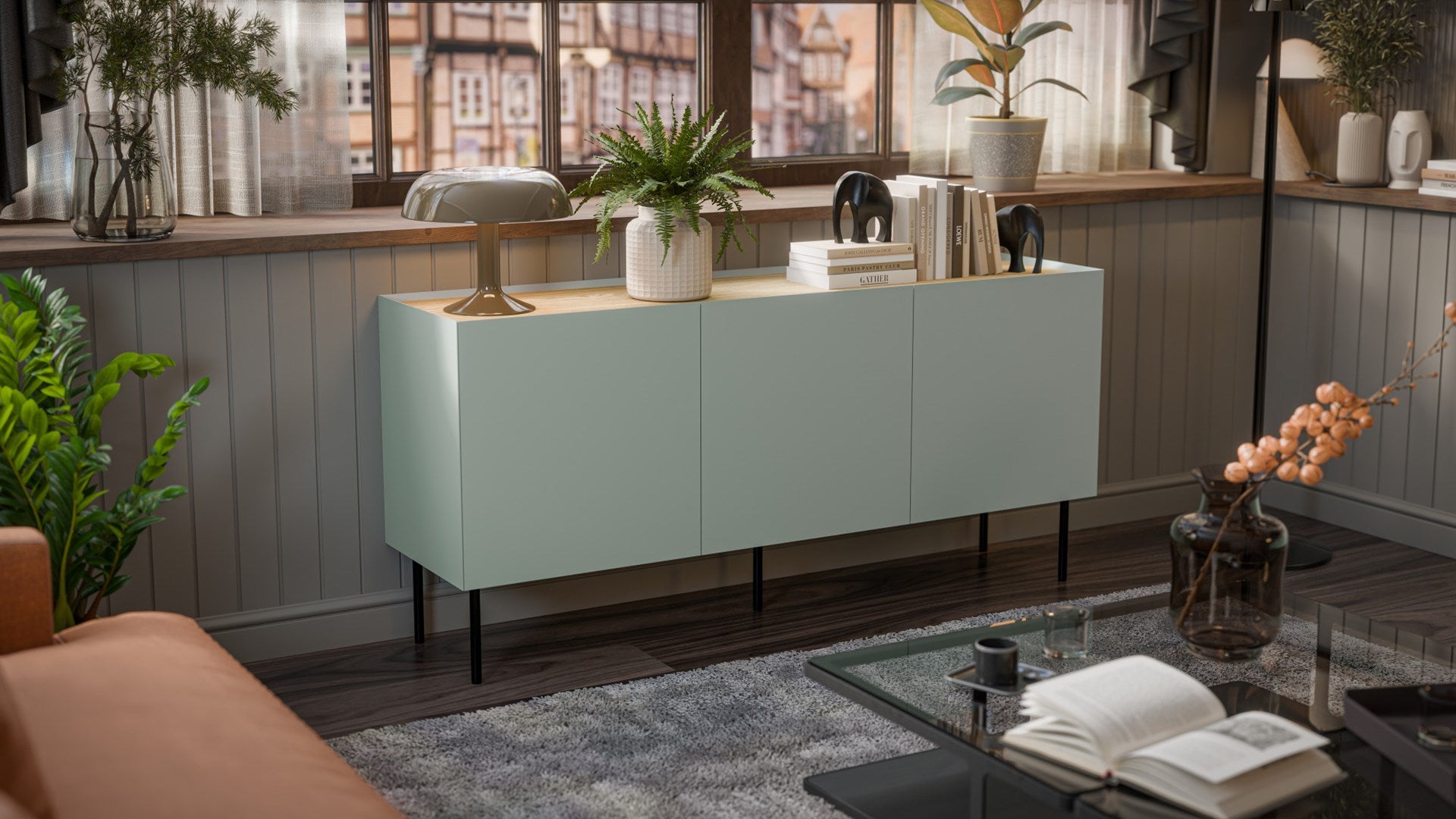 Cama FELLINI chest of drawers 150x40x70 olive + oiled oak top