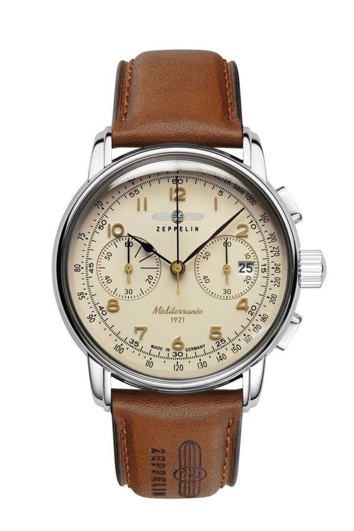 Zeppelin Mediterranee Quartz Watch 9670-5 Stainless Steel Brown Leather Beige Dial 50 M