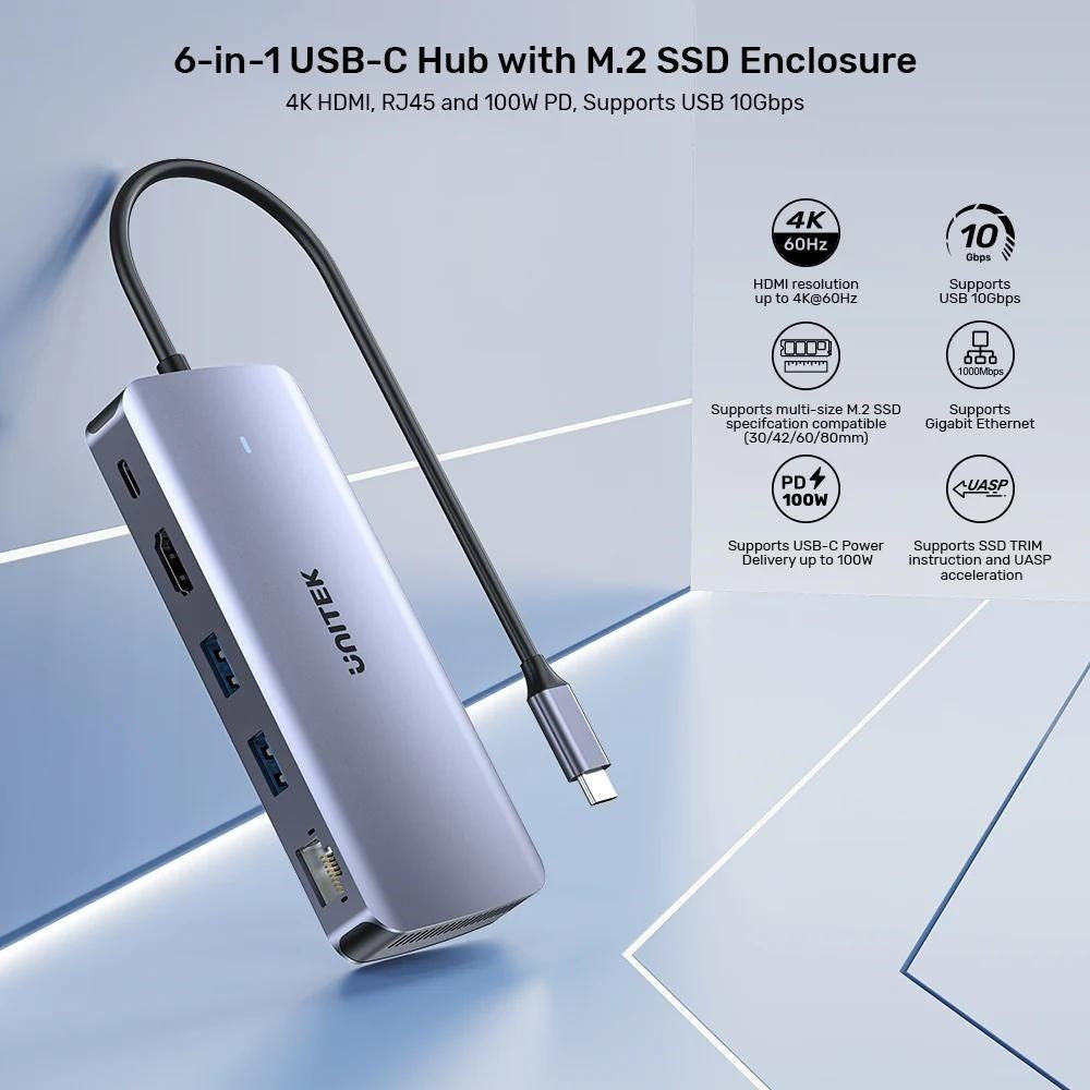 UNITEK ACTIVE HUB USB-C 10Gbps M.2 HDMI PD 100W