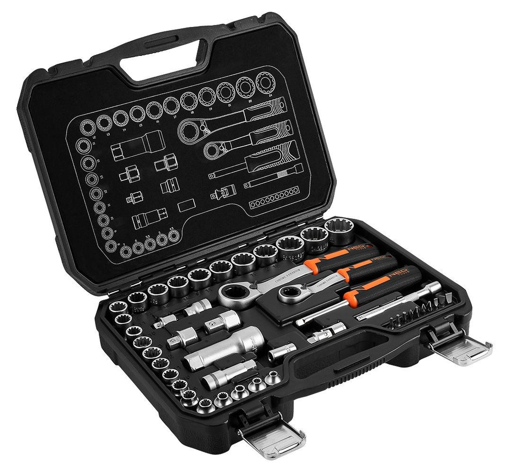 NEO 1/4 + 3/8 Through-Hole Socket Set 46 pcs for Hard-to-Reach Places
