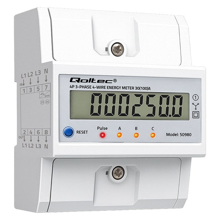 Qoltec Three-phase Electronic Meter 400V 100A DIN Rail Energy Consumption Meter Model 50980