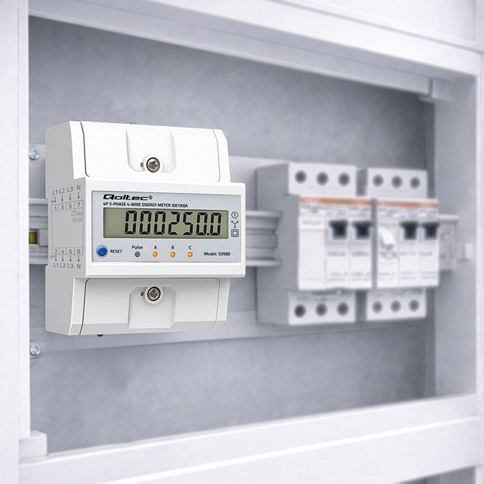 Qoltec Three-phase Electronic Meter 400V 100A DIN Rail Energy Consumption Meter Model 50980
