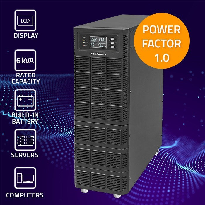 Qoltec Uninterruptible Power Supply (UPS) 6kVA 6000W Power Factor 1.0 LCD EPO USB Online