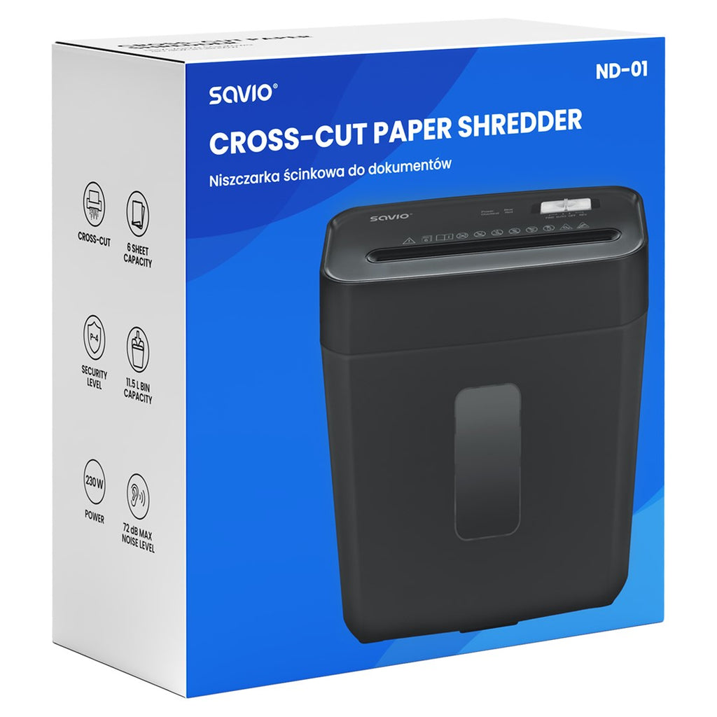 Savio ND-01 Paper Shredder - Cross Shredding 72 dB Black
