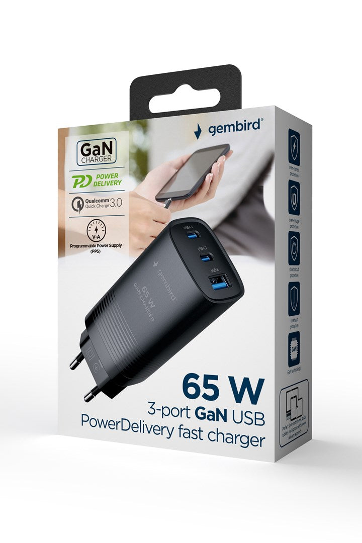 Gembird TA-UC-PDQC65-01-BK 3-Port 67W USB Fast Charger Black AC Indoor