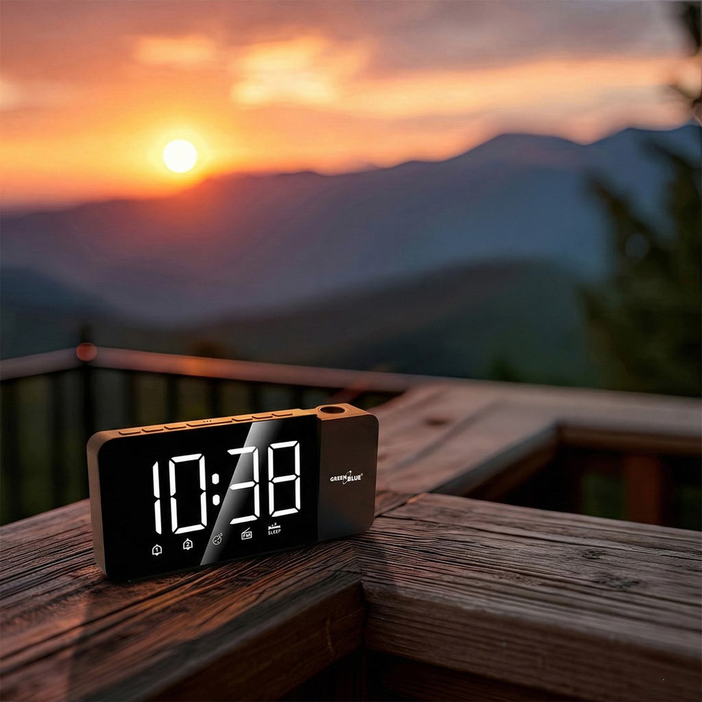 Digital LED Clock Radio with GreenBlue Projector FM Radio Alarm 12/24 Clock 5V DC USB Power Supply + CR2032 GB172