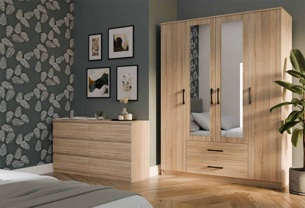 Topeshop ROMANA 160 SON Wardrobe 4 Doors 11 Shelves Oak with Mirror