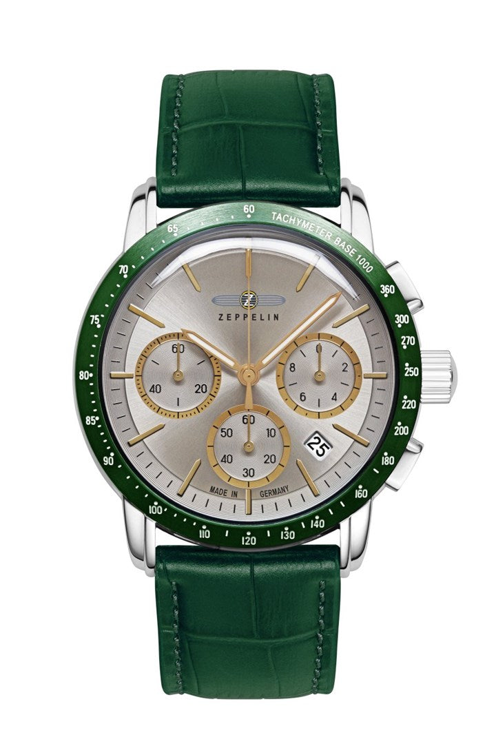 Zeppelin New York 88785 Watch Quartz 42 mm Beige Dial Green Leather Strap
